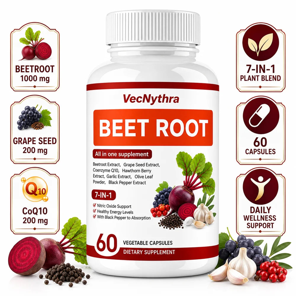 VecNythra Beet Root Daily Wellness Supplement, Plant-Based Formula, 30 Servings 60 Vegetable Capsules