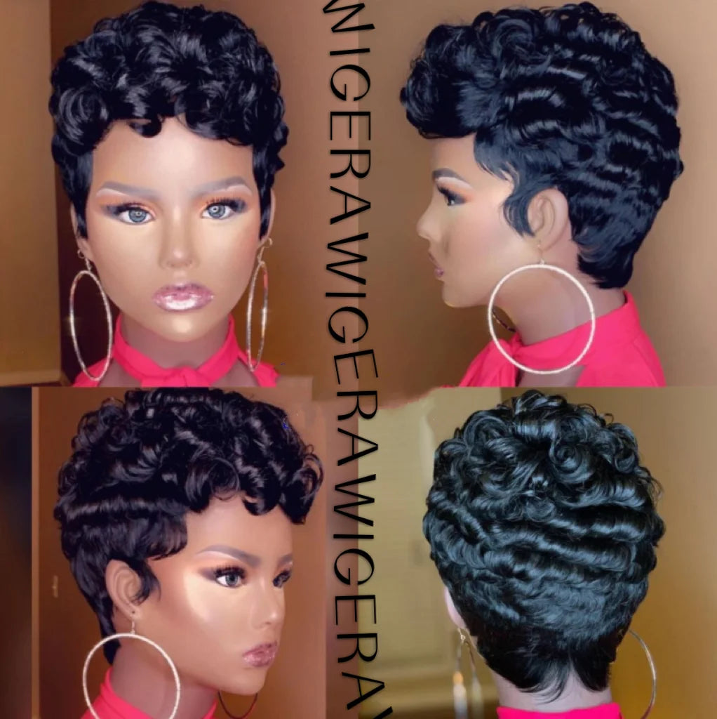 WIGERA Synthetic Short Hairstyle Curly Pixie Cut Bob Wig Glond Brown/ Black/Wine Red Hair Colored Wigs For Women