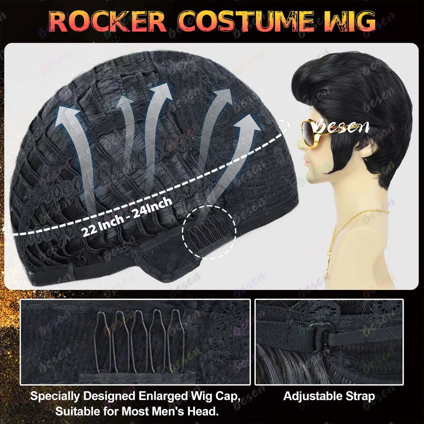 Synthetic 50s 60s Rock Legend Wig for Men Elvis Wig 1950s Singer Rocker Costume Wig with Accessories for Cosplay Halloween Party