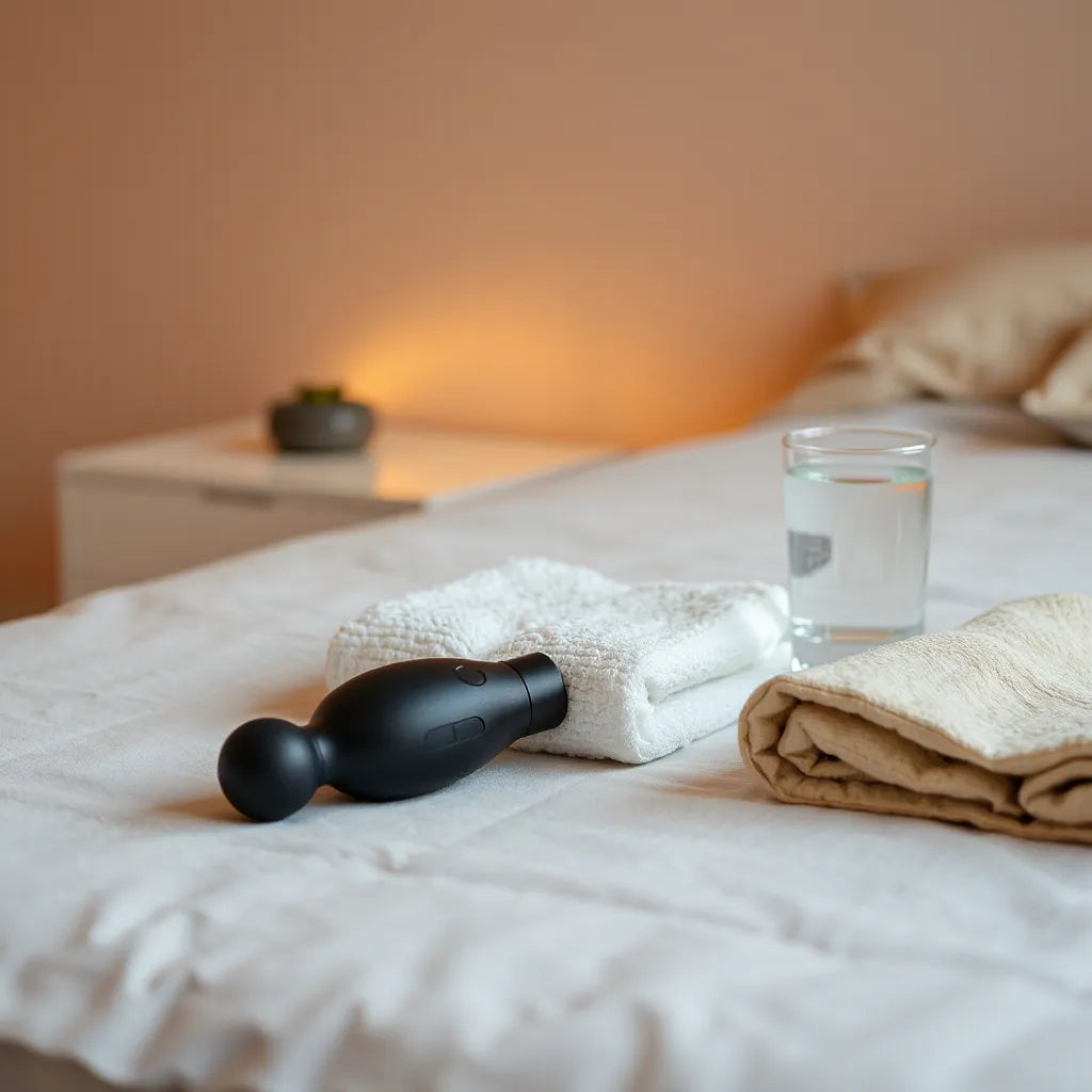 Discreet handheld vibration massager on a bedside surface with warm ambient lighting