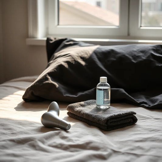 Sleek automatic male masturbator device on a bedside table with lubricant and a towel under soft natural light