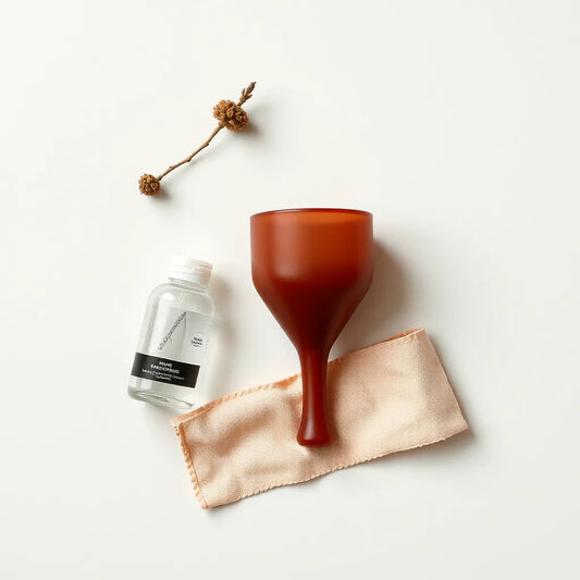 Heavy duty masturbation cup resting next to lubricant and a soft cloth on a neutral background