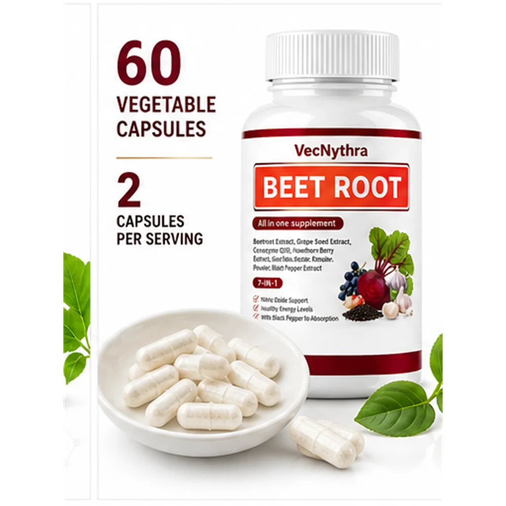 VecNythra Beet Root Daily Wellness Supplement, Plant-Based Formula, 30 Servings 60 Vegetable Capsules