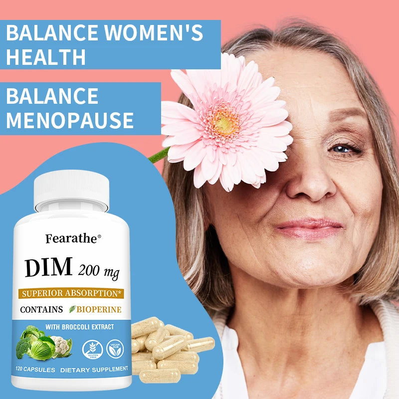 DIM 200mg Capsules with BioPerine, High Absorption, Metabolism Support Supplement for Women & Men Menopause and Mid-life