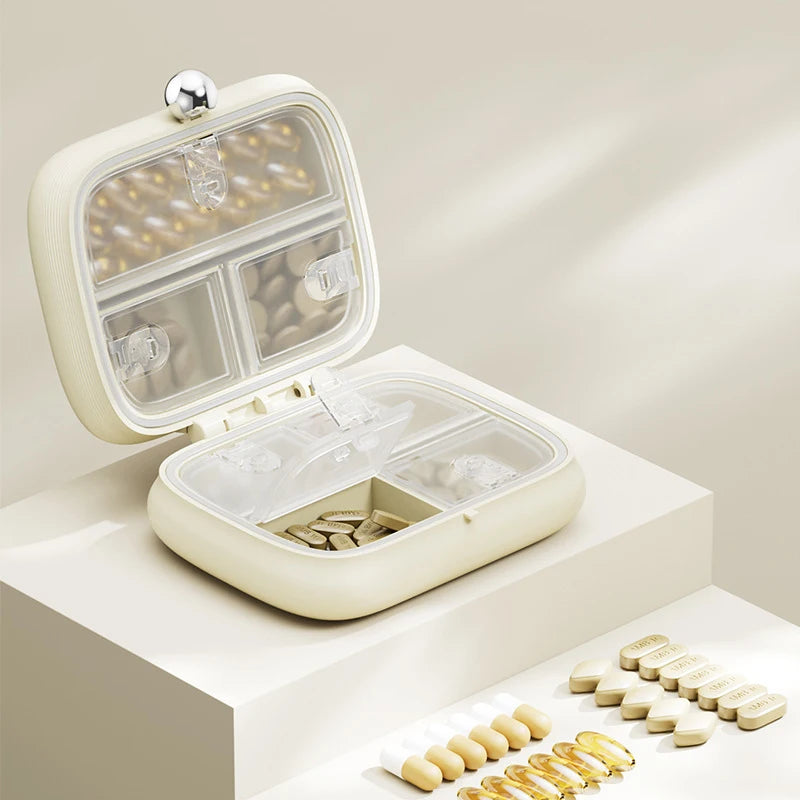 Portable pill box, small pill box for health supplements, vitamins, and weight loss pills, travel pill box for carrying