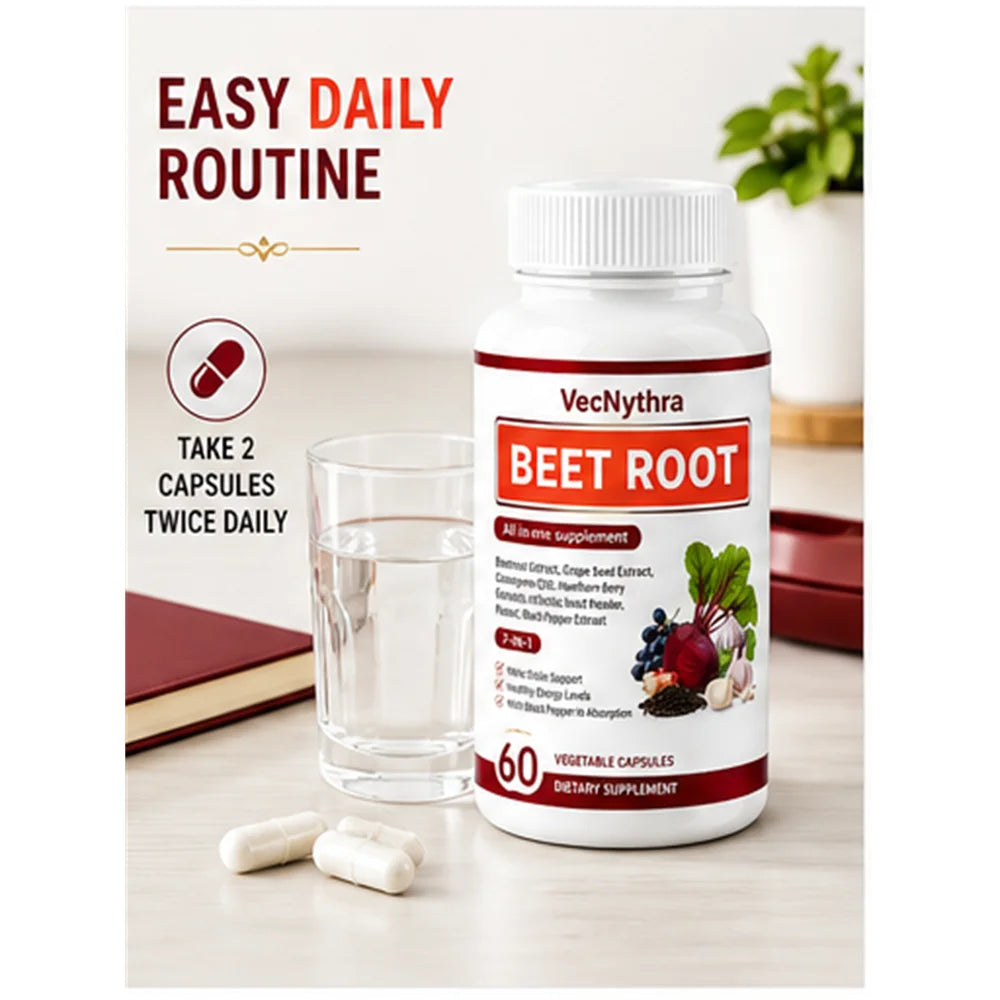 VecNythra Beet Root Daily Wellness Supplement, Plant-Based Formula, 30 Servings 60 Vegetable Capsules