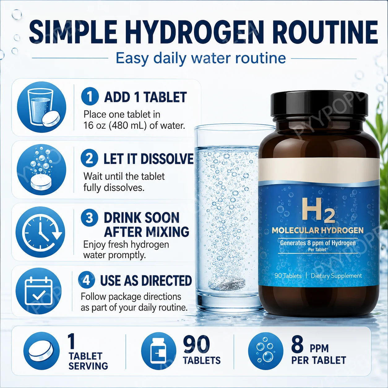 Molecular Hydrogen H2 Tablets 90 Count Elemental Magnesium 8 PPM GMO-Free General Wellness Supplement for Health Maintenance