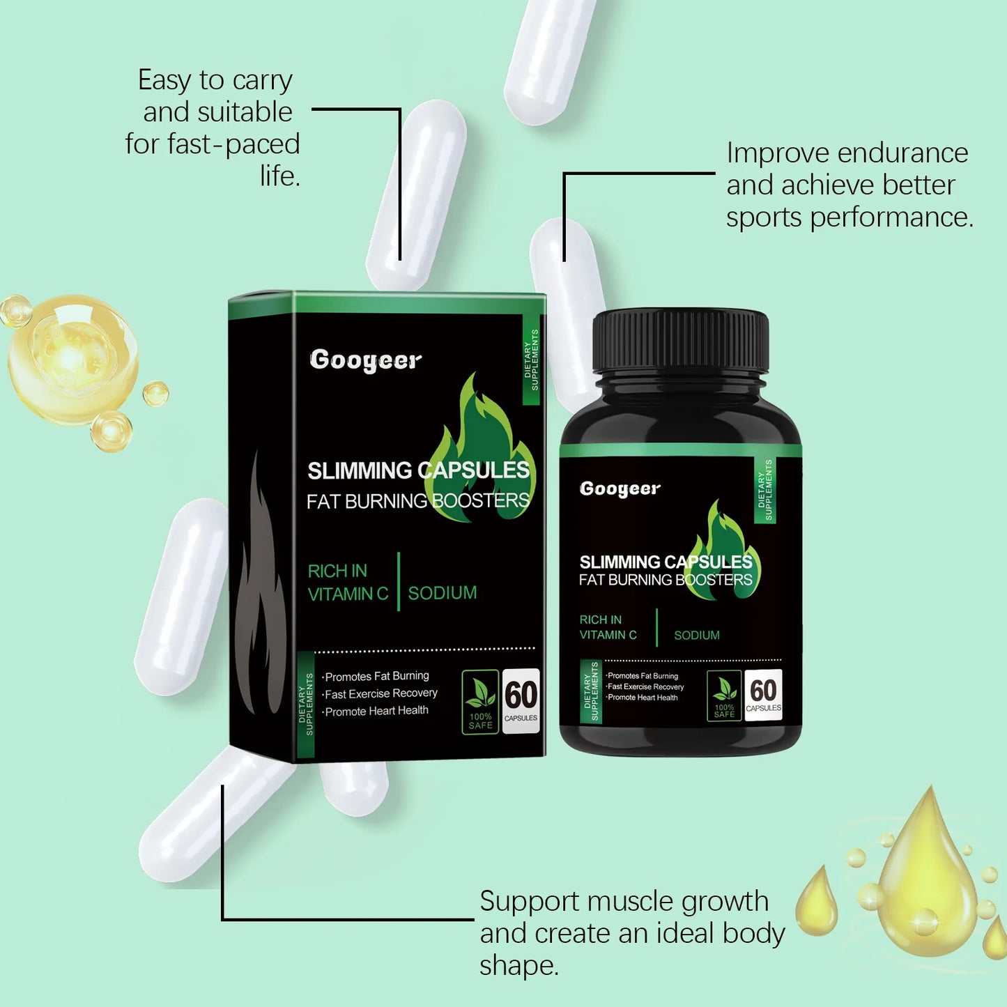 Googeer 60pcs Slimming Body Capsules Fat Burning Remove Cellulite Health Care Energy Dietary Supplement Weight Loss Capsules