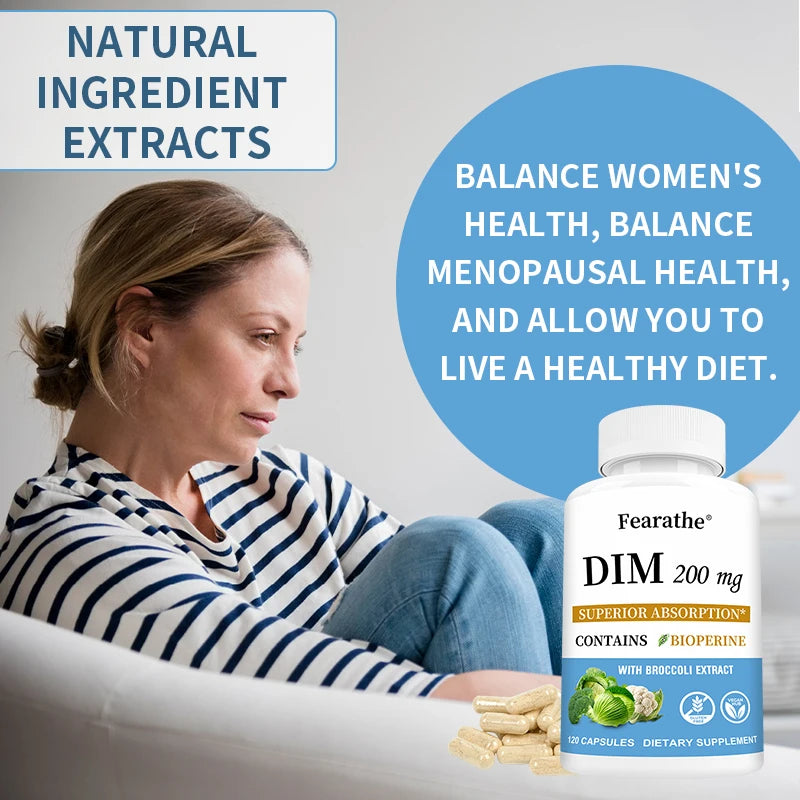 DIM 200mg Capsules with BioPerine, High Absorption, Metabolism Support Supplement for Women & Men Menopause and Mid-life