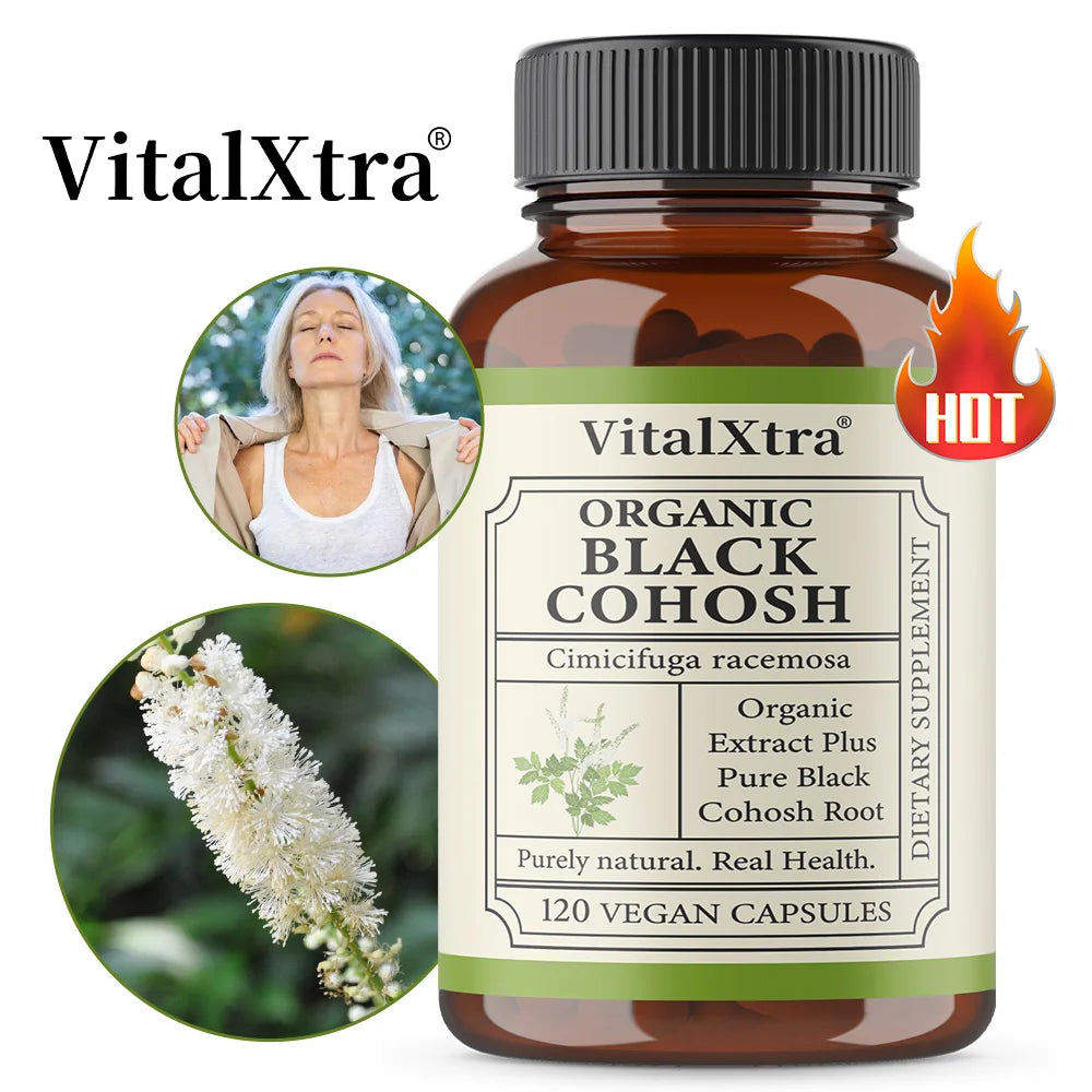 Organic Black Cohosh Root - Menopause Supplements  & Menstrual Support for Women, 120 Capsules, Vegan