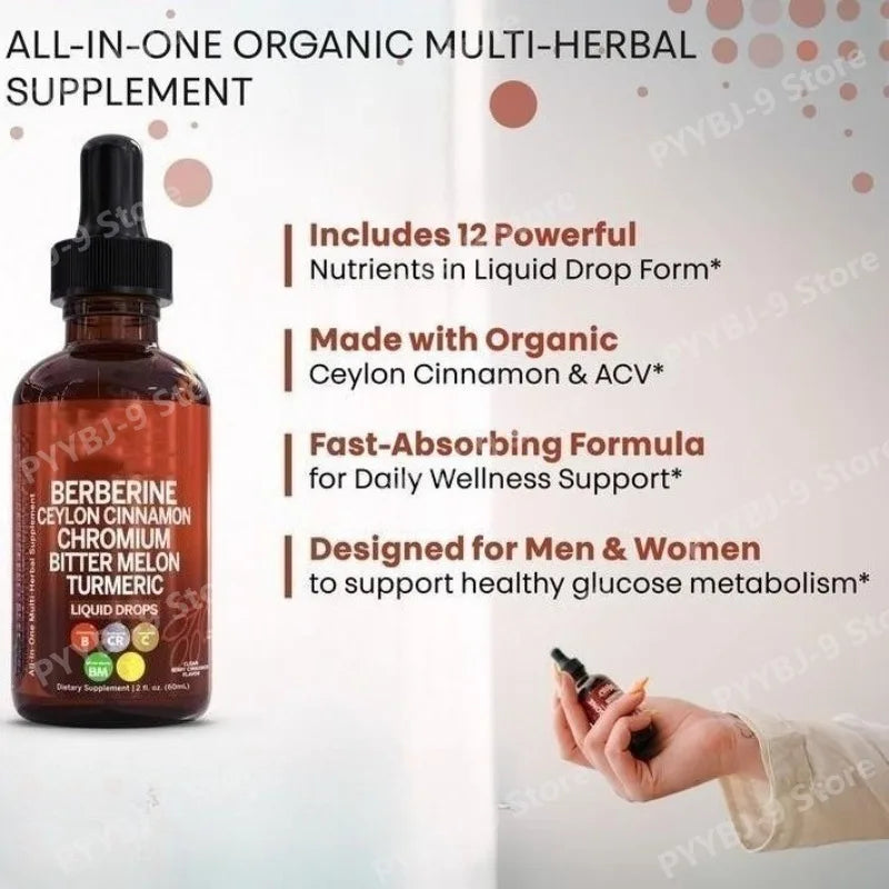Berberine Chromium Turmeric Ginseng Liquid Drops 60ml Organic Herbal Supplement Daily Wellness Balance Support for Adults