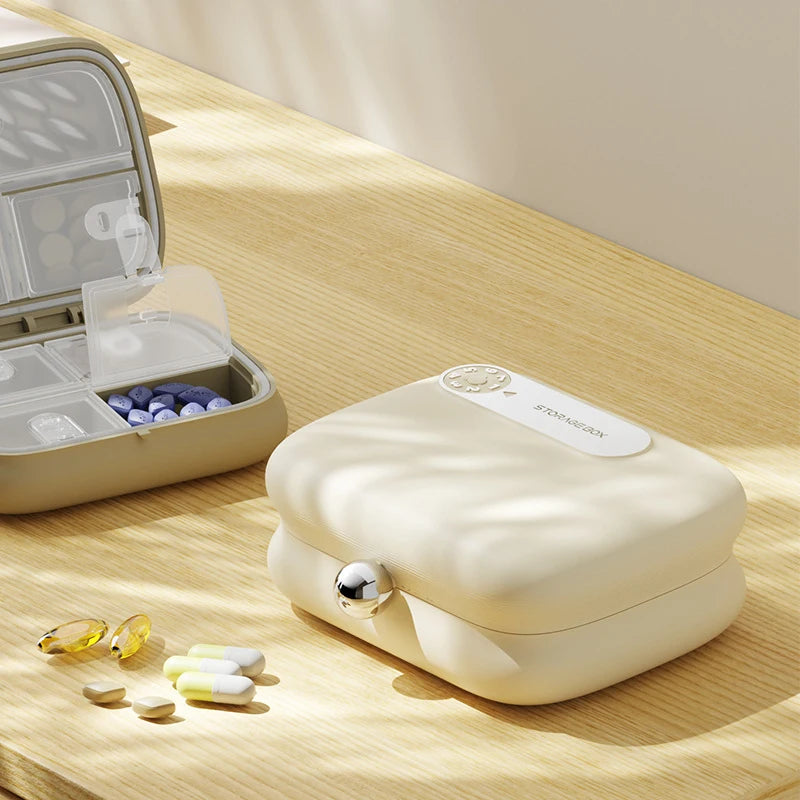 Portable pill box, small pill box for health supplements, vitamins, and weight loss pills, travel pill box for carrying