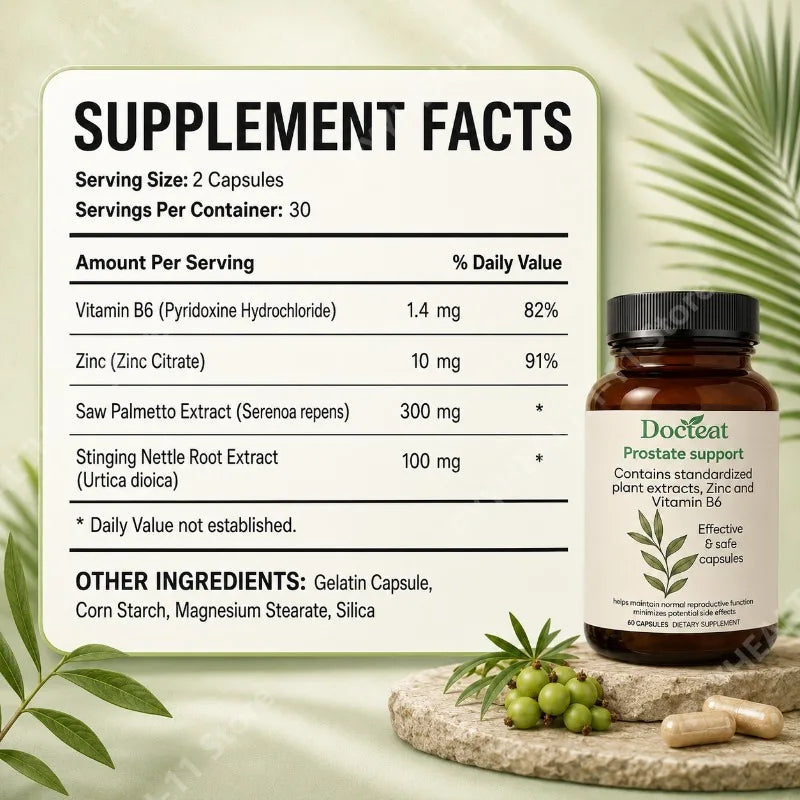Saw Palmetto Capsules with Nettle Root Zinc Vitamin B6 Herbal Supplement for Men's Daily Wellness 60 Capsules