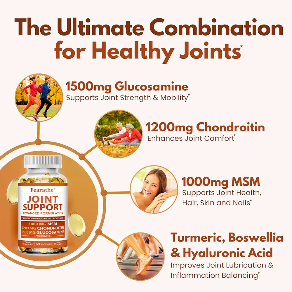 Glucosamine Chondroitin Turmeric Msm, Joint Support Supplement Relief Bones, Back, Knees and Hands, 30/60/120 Softgels, NON-GMO