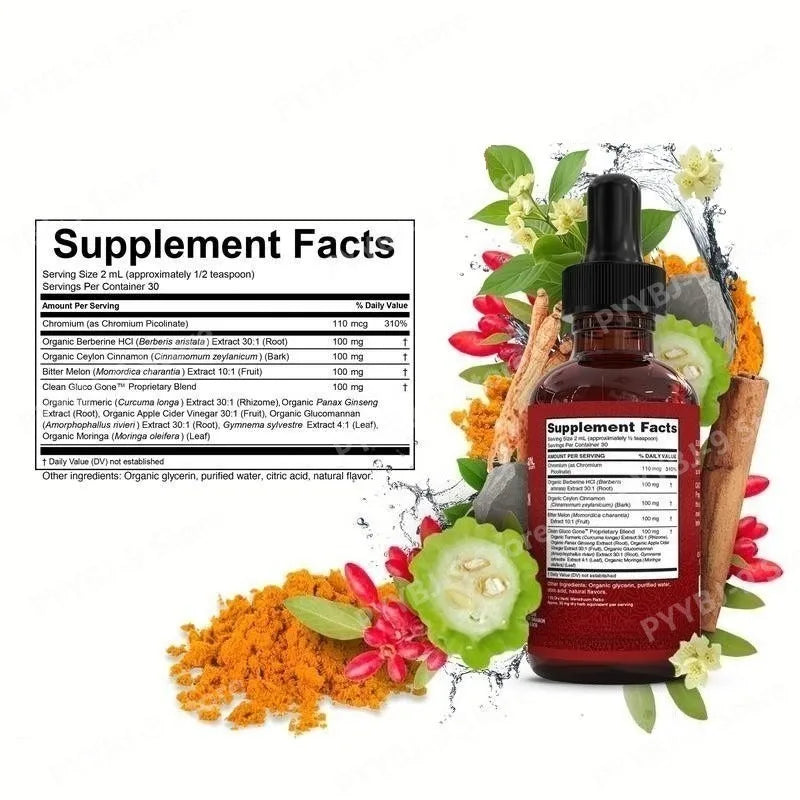 Berberine Chromium Turmeric Ginseng Liquid Drops 60ml Organic Herbal Supplement Daily Wellness Balance Support for Adults