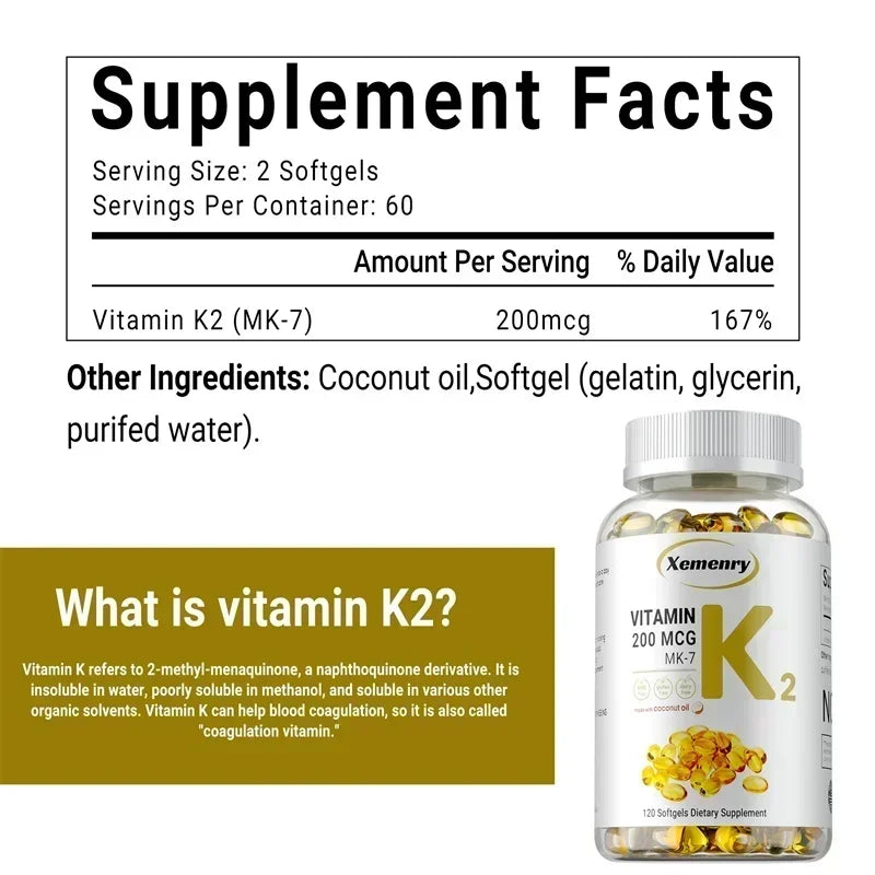 Vitamin K2 MK-7 Supplement - Supports Calcium Absorption, Bones, Joint, Immunity and Heart Health, Easy To Swallow