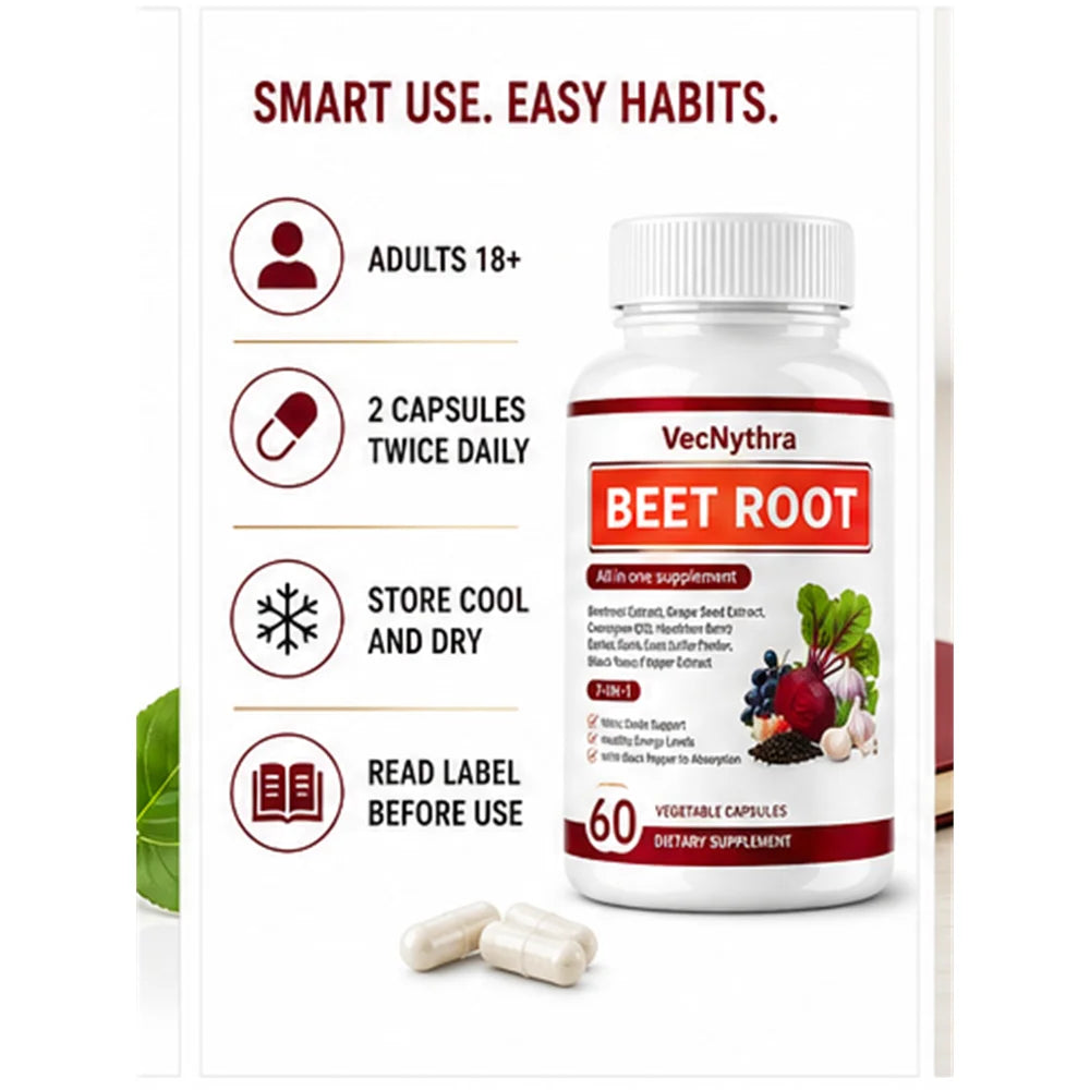 VecNythra Beet Root Daily Wellness Supplement, Plant-Based Formula, 30 Servings 60 Vegetable Capsules