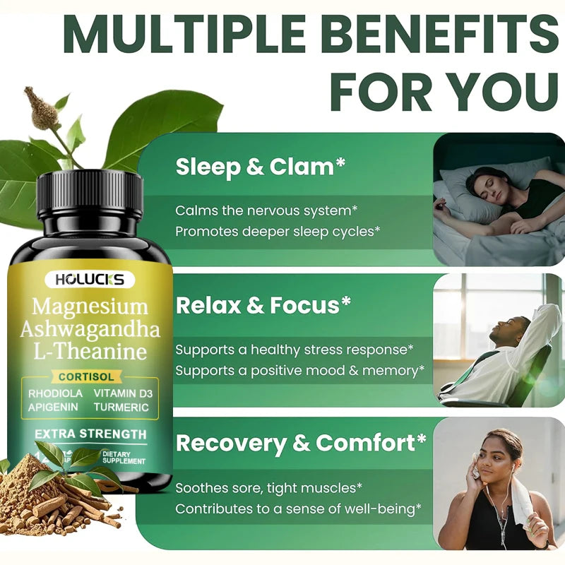 High Strength Ashwagandha, Magnesium, & L-Theanine, Stress Relief, Calm Mood, Relaxation, Deep Sleep, Supplement for Aldults