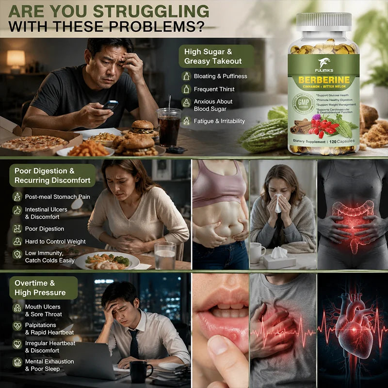 Berberine Capsules + Ceylon Cinnamon + Bitter Gourd, Support Lowering Blood Sugar, Immune System, Improve Heart Health