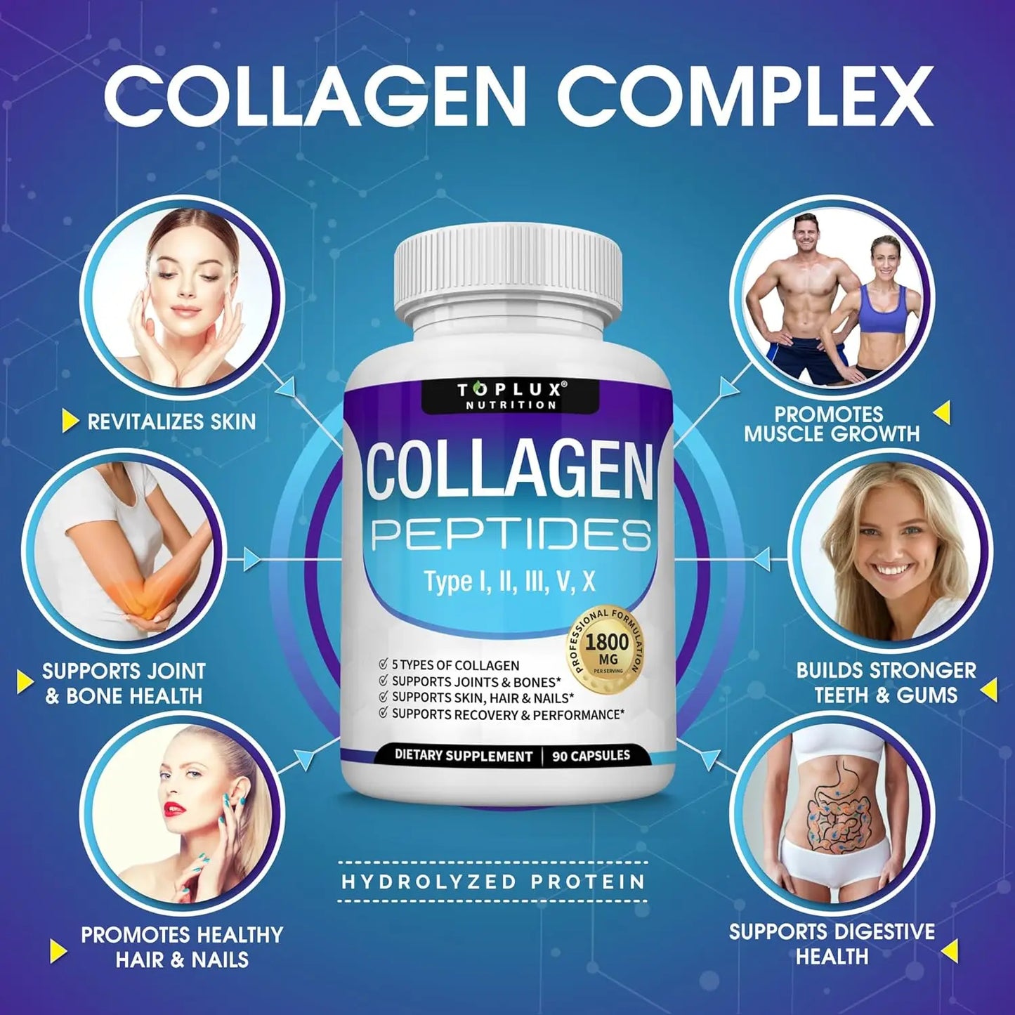 Collagen peptide tablets 1800 mg - premium collagen complex, improves skin and hair, strengthens joints, 90 capsules, supplement