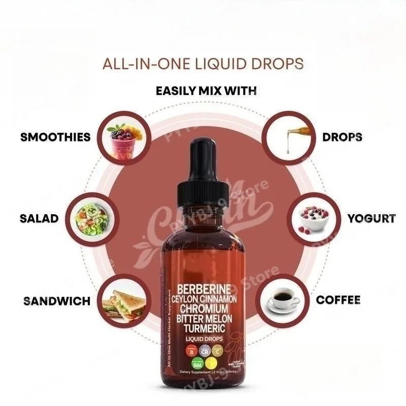 Berberine Chromium Turmeric Ginseng Liquid Drops 60ml Organic Herbal Supplement Daily Wellness Balance Support for Adults