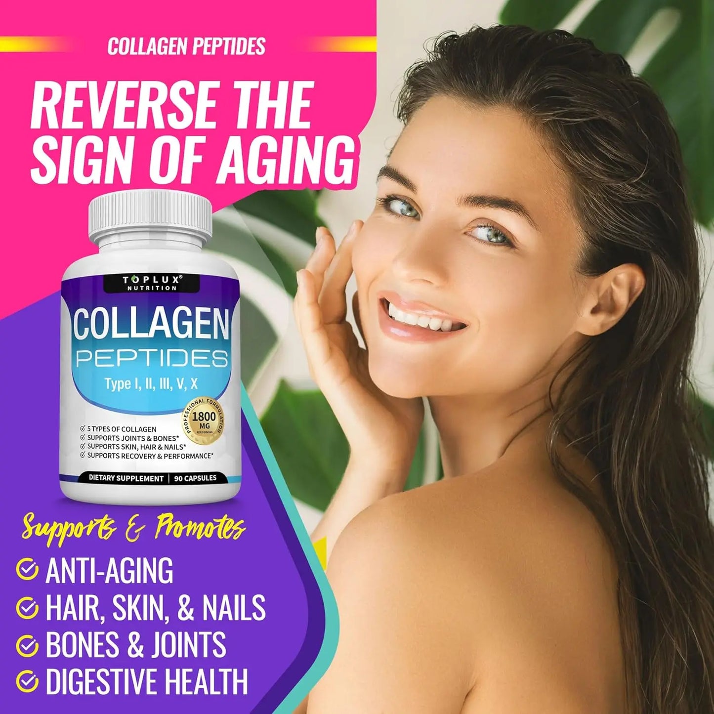Collagen peptide tablets 1800 mg - premium collagen complex, improves skin and hair, strengthens joints, 90 capsules, supplement