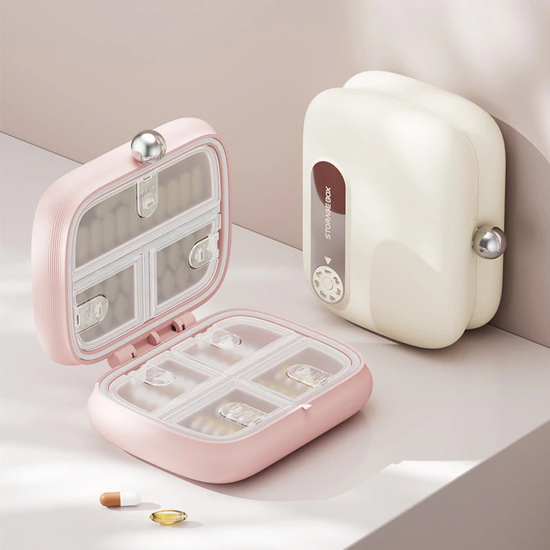 Portable pill box, small pill box for health supplements, vitamins, and weight loss pills, travel pill box for carrying
