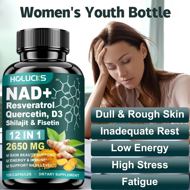 HOLUCKS 12-in-1 NAD+ Supplement, with Resveratrol Quercetin, Support Energy, Immune & Skin Health for Women's Daily Wellness