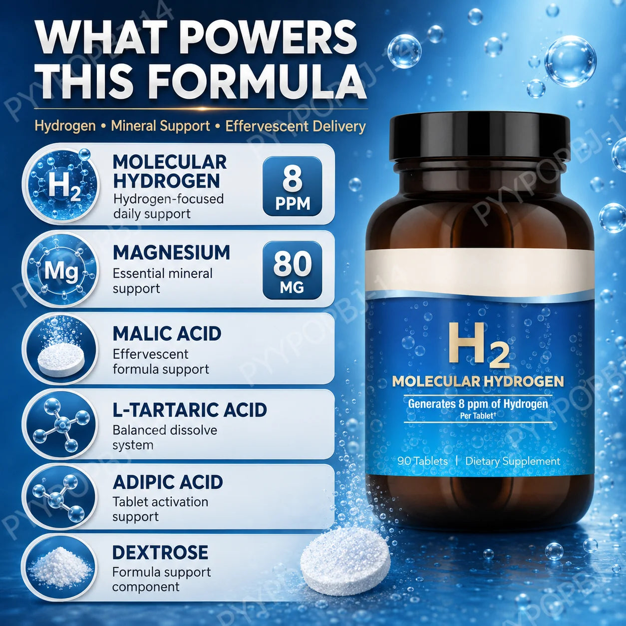 Molecular Hydrogen H2 Tablets 90 Count Elemental Magnesium 8 PPM GMO-Free General Wellness Supplement for Health Maintenance