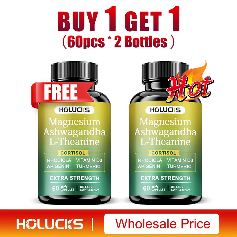 High Strength Ashwagandha, Magnesium, & L-Theanine, Stress Relief, Calm Mood, Relaxation, Deep Sleep, Supplement for Aldults