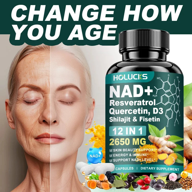 HOLUCKS 12-in-1 NAD+ Supplement, with Resveratrol Quercetin, Support Energy, Immune & Skin Health for Women's Daily Wellness