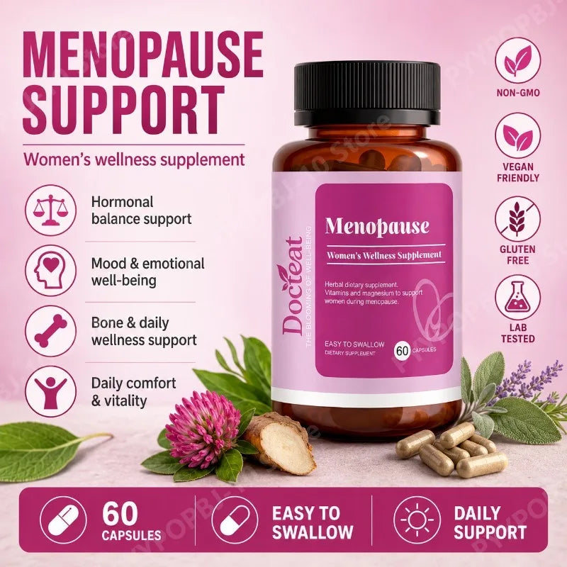 Docteat Women's Menopause Supplement 60 Capsules Easy To Swallow Magnesium Black Cohosh Wild Yam Extract Vitamin D3 K2