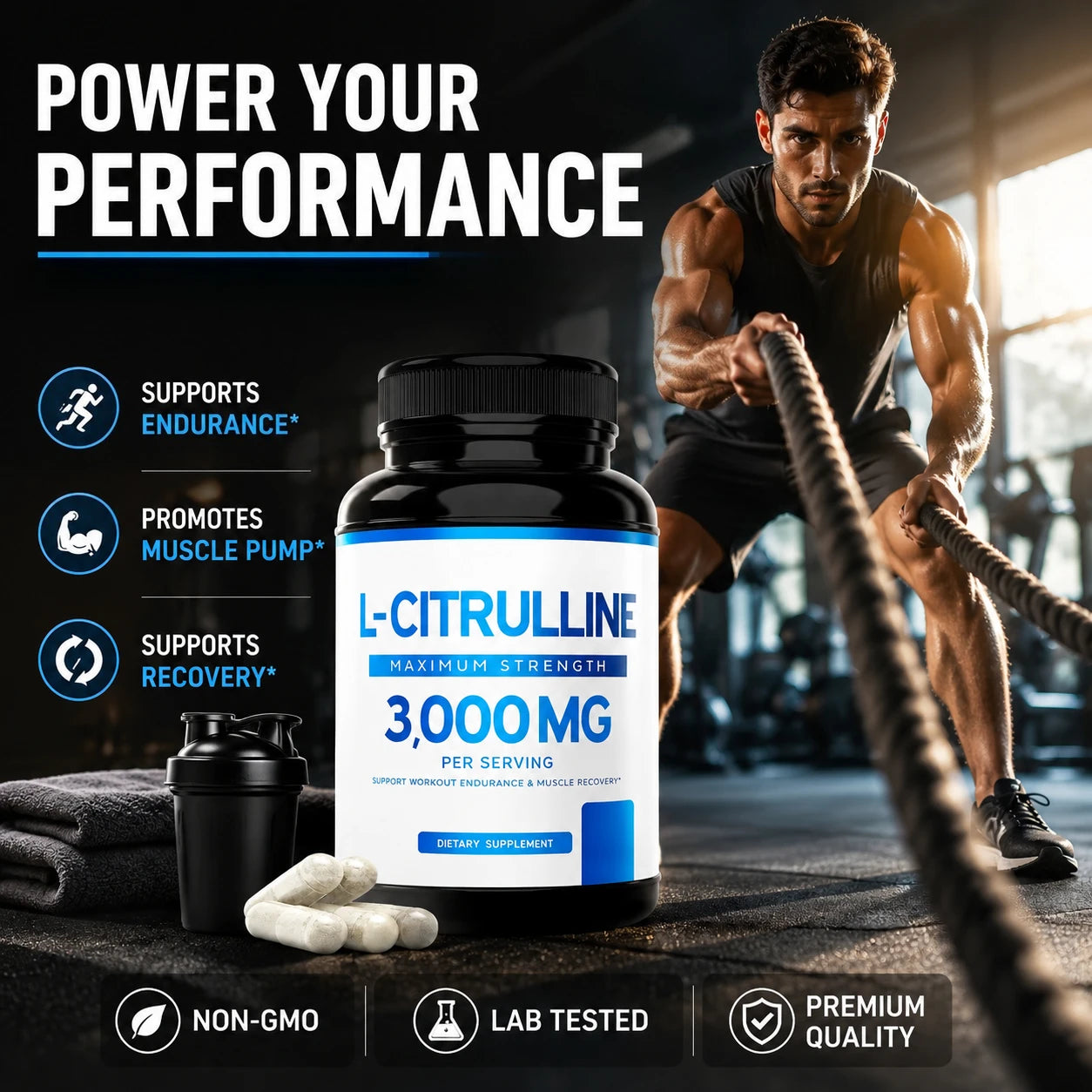 L-Citrulline 3000mg 60 Capsules Supplement for Men & Women Muscle Recovery Support Vegan Non-GMO Fitness Performance