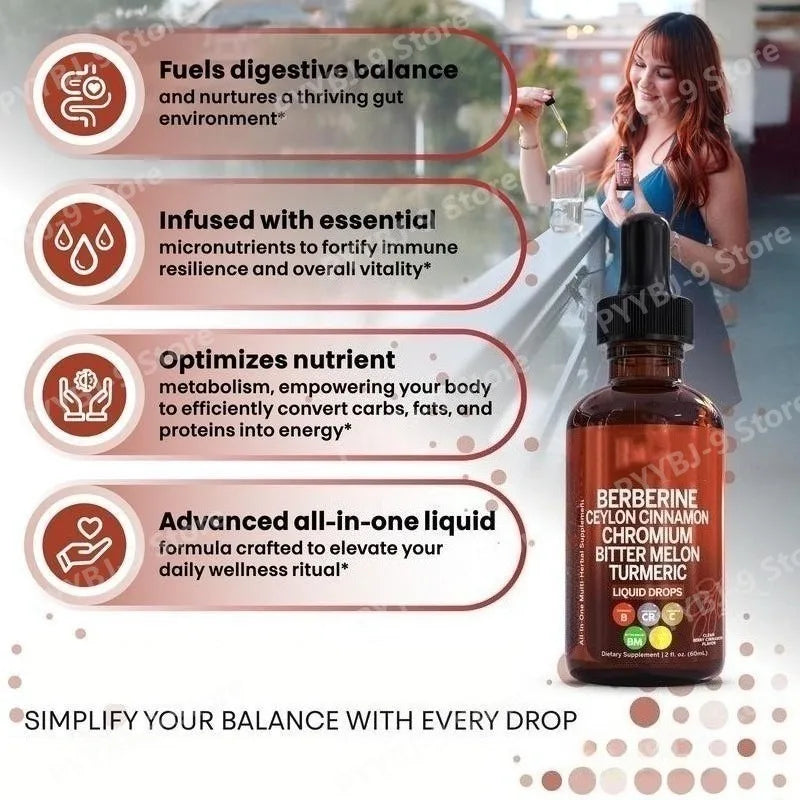 Berberine Chromium Turmeric Ginseng Liquid Drops 60ml Organic Herbal Supplement Daily Wellness Balance Support for Adults