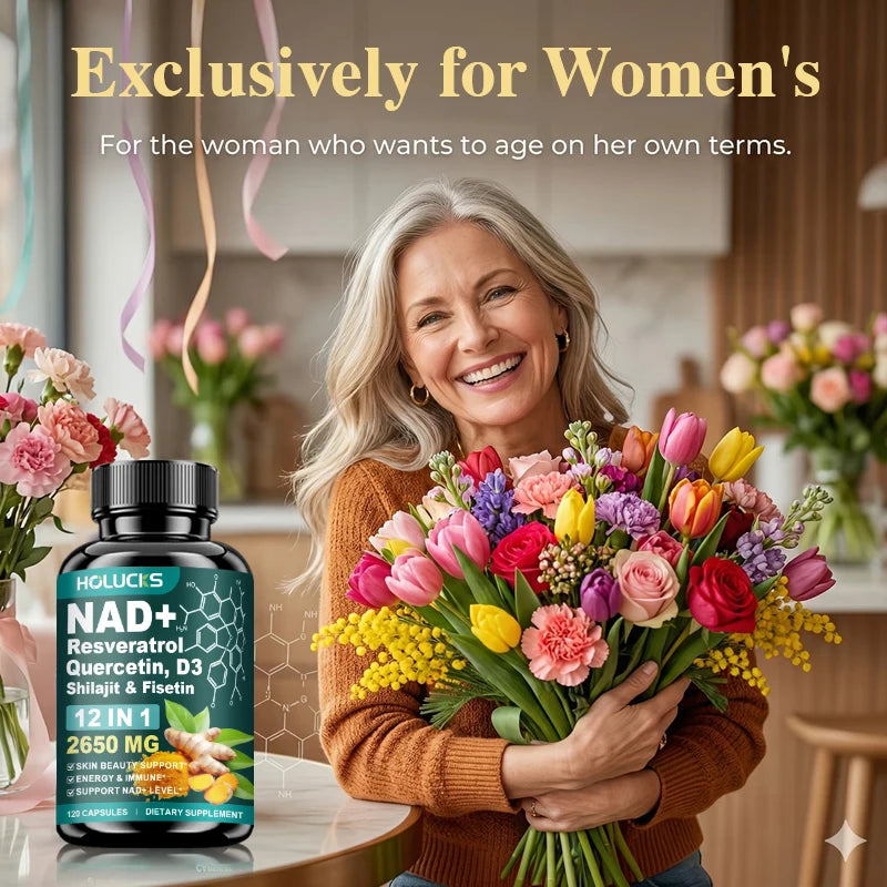 HOLUCKS 12-in-1 NAD+ Supplement, with Resveratrol Quercetin, Support Energy, Immune & Skin Health for Women's Daily Wellness