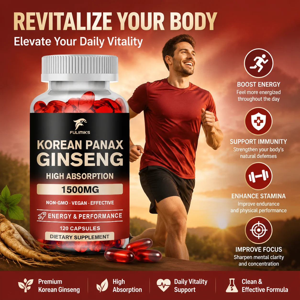 Panax Ginseng 15,000 mg - Red Korean Ginseng Supplement for Men - Extra Strength - Energy, Focus, Productivity & Performance
