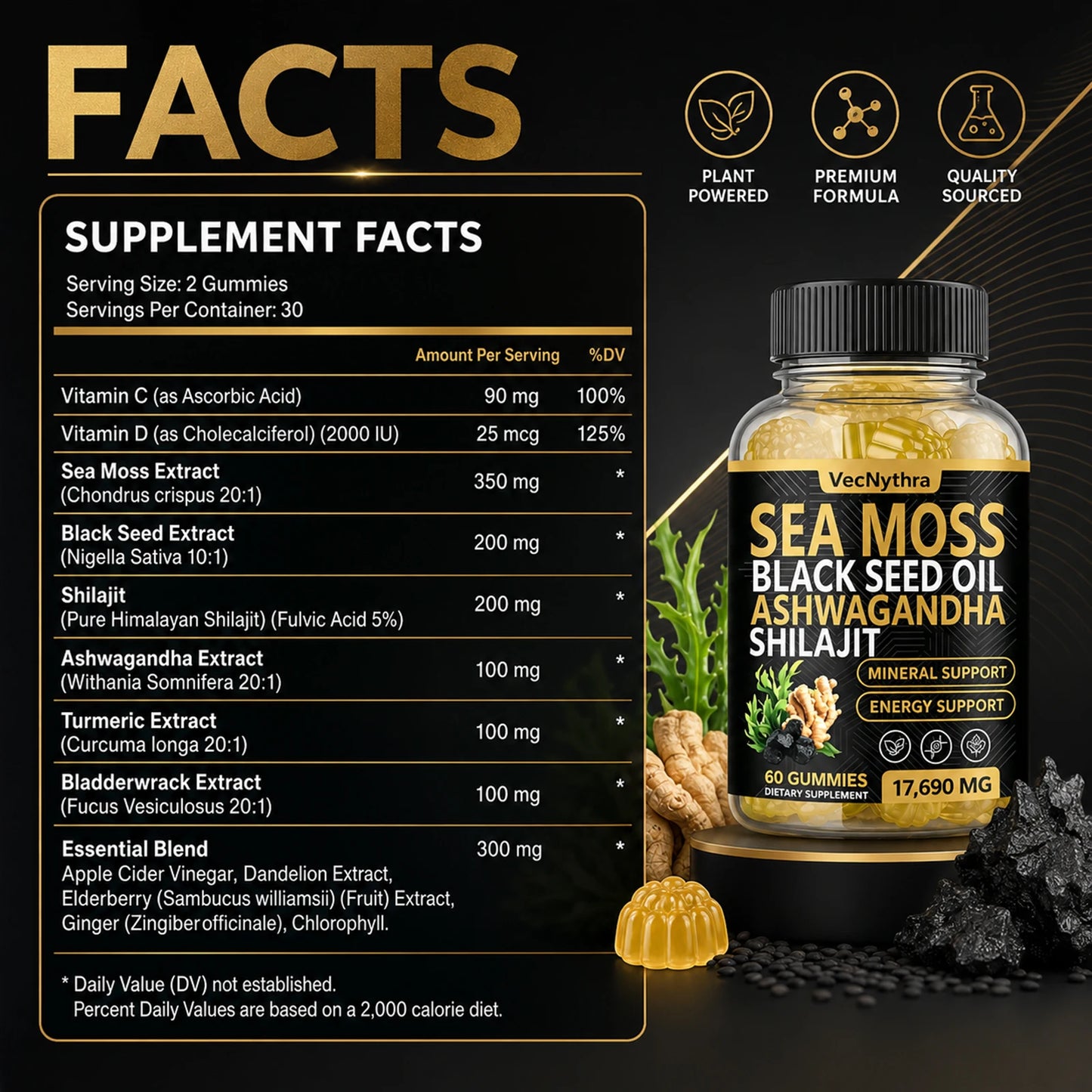 VecNythra 60pcs Gummies 17690MG Sea Moss and Shilajit Bundle with Seamoss Black Seed Oil Ashwagandha Vitamin C High Potency Vitality Combo for Man Women Enhanced Immunity Energy Promotes Energy Boost Immune Support
