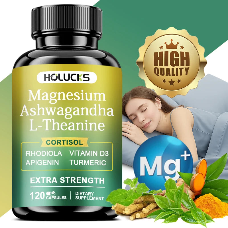 High Strength Ashwagandha, Magnesium, & L-Theanine, Stress Relief, Calm Mood, Relaxation, Deep Sleep, Supplement for Aldults