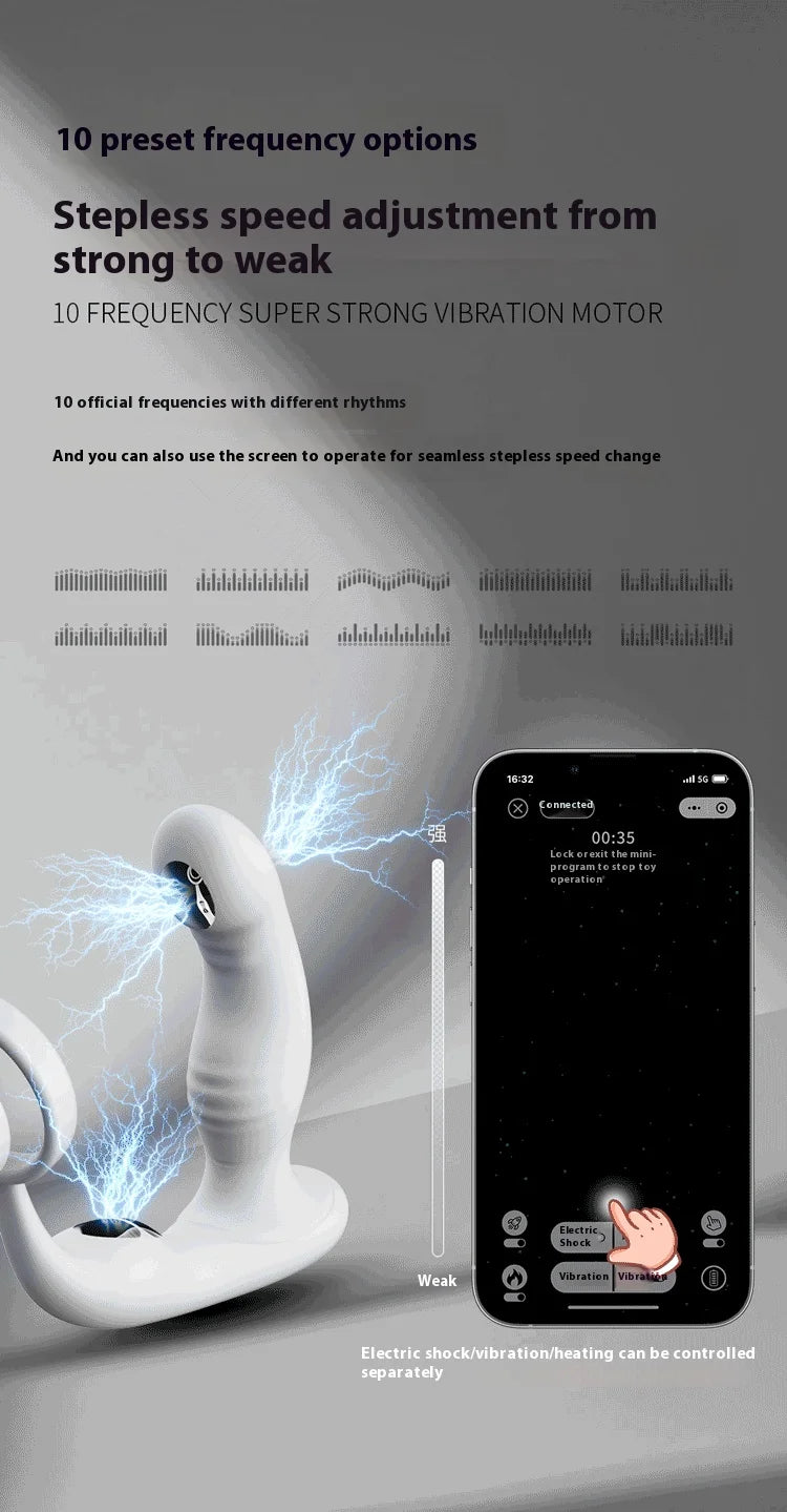 APP Remote Control Prostate Massager with Pulse Electric Shock Heating Vibrations Delayed Ejaculation Ring for Men Adult Toys