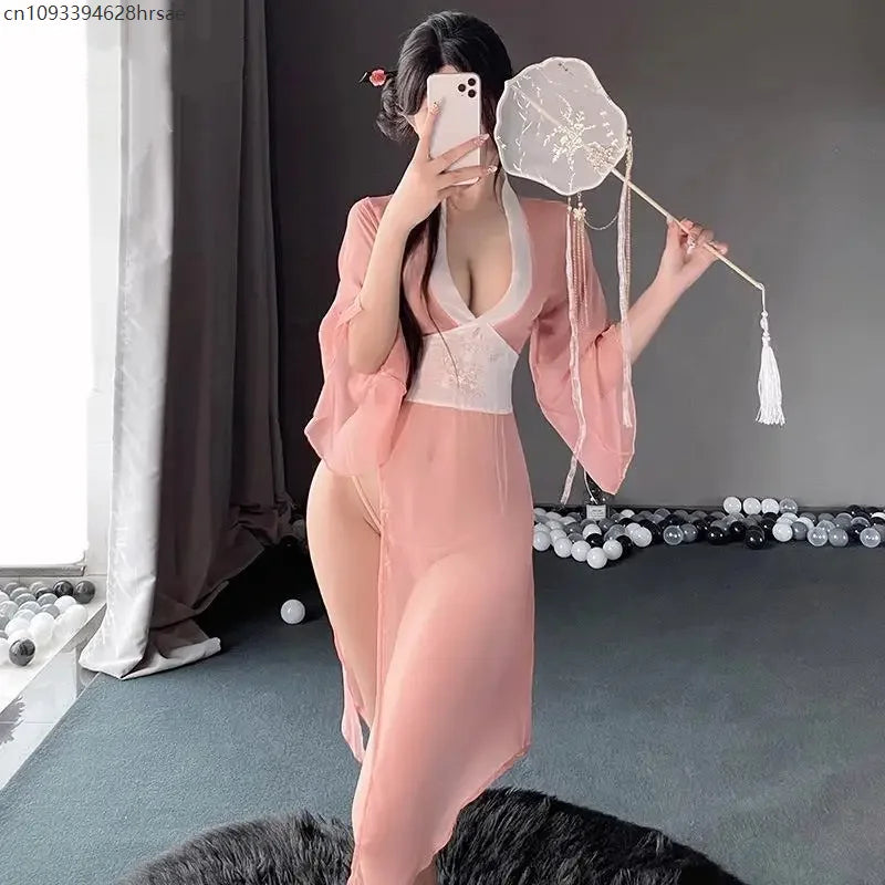 Sexy Hanfu Cosplay Costumes Deep V Erotic Dresses See-through Women Elegant Pink Chinese Antique-Style Lingerie Bed Temptation