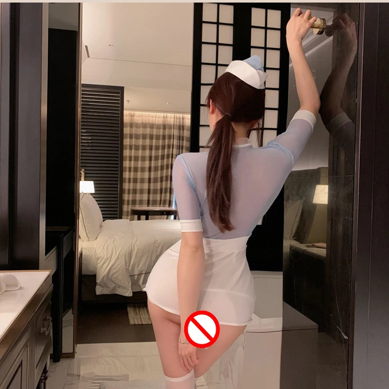 Sexy Lingerie Uniform Cosplay Costumes Tight Deep V Lace Short Hip Skirt Flight Attendant Uniform Temptation Sexy Hot Sex Shop