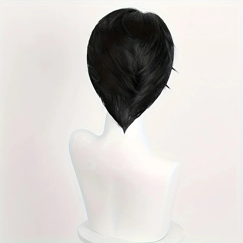 A Unisex Wig with a Black Side-Parted Fringe And Layered Short Hairstyle, Suitable for Wearing at Daily Gatherings And Party
