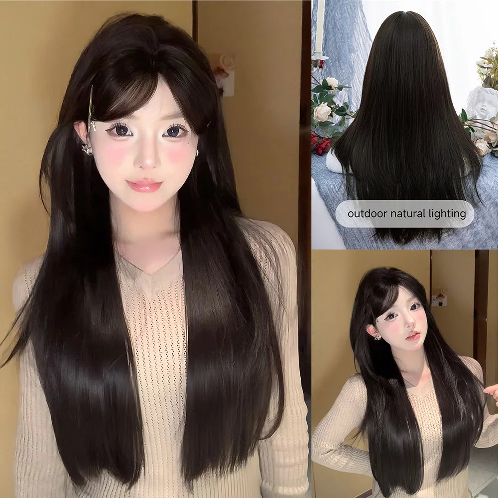 28Inch Sexy Natural Black Synthetic Wigs Middle Part Long Silky Straight Hair Wig For Women Daily Use Cosplay Heat Resistant