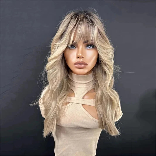Curtain Bangs Wig Sexy Bouncy Blowout Lace Part Wig Hair Layered Glueless Daily Wear Blonde Ash Root Balayage sponky do vlasu