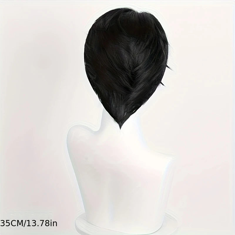 A Unisex Wig with a Black Side-Parted Fringe And Layered Short Hairstyle, Suitable for Wearing at Daily Gatherings And Party