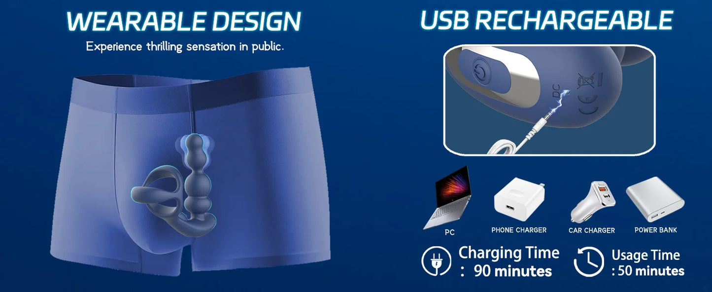 Male Prostate Massager 360° Rotation Anal Vibrator with Penis Ring Butt Plug Remote Control Wearable Anus Sex Toy for Men Gay