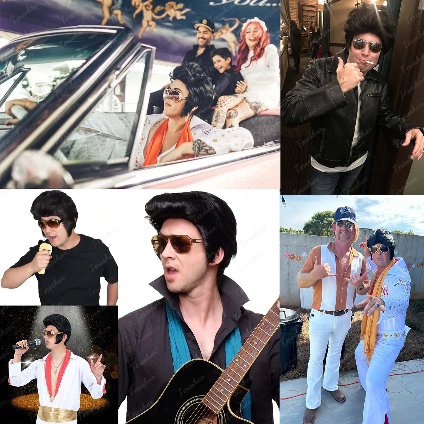 Synthetic 50s 60s Rock Legend Wig for Men Elvis Wig 1950s Singer Rocker Costume Wig with Accessories for Cosplay Halloween Party
