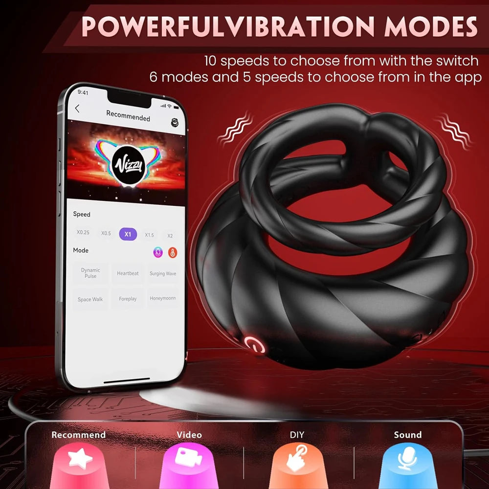 Cock Ring Vibrator APP Bluetooth Controlled Double Ring for Longer Harder Stronger 10 Vibrations Sex Toy for Men Masturbator