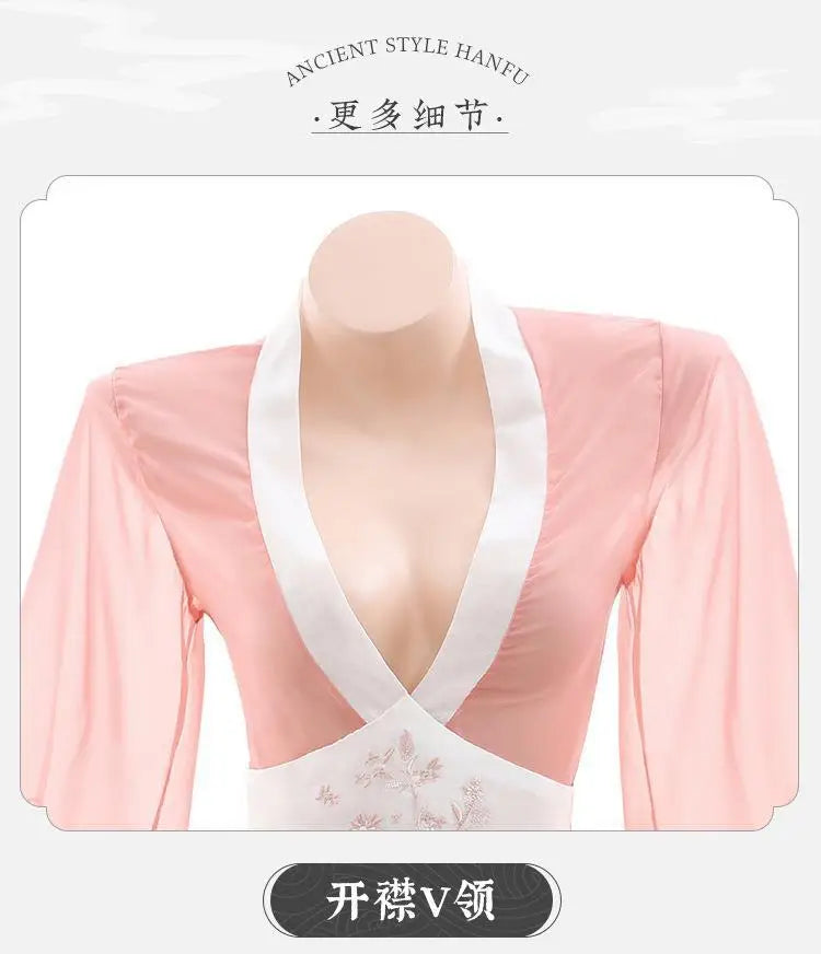 Sexy Hanfu Cosplay Costumes Deep V Erotic Dresses See-through Women Elegant Pink Chinese Antique-Style Lingerie Bed Temptation