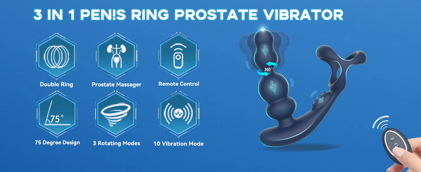 Male Prostate Massager 360° Rotation Anal Vibrator with Penis Ring Butt Plug Remote Control Wearable Anus Sex Toy for Men Gay